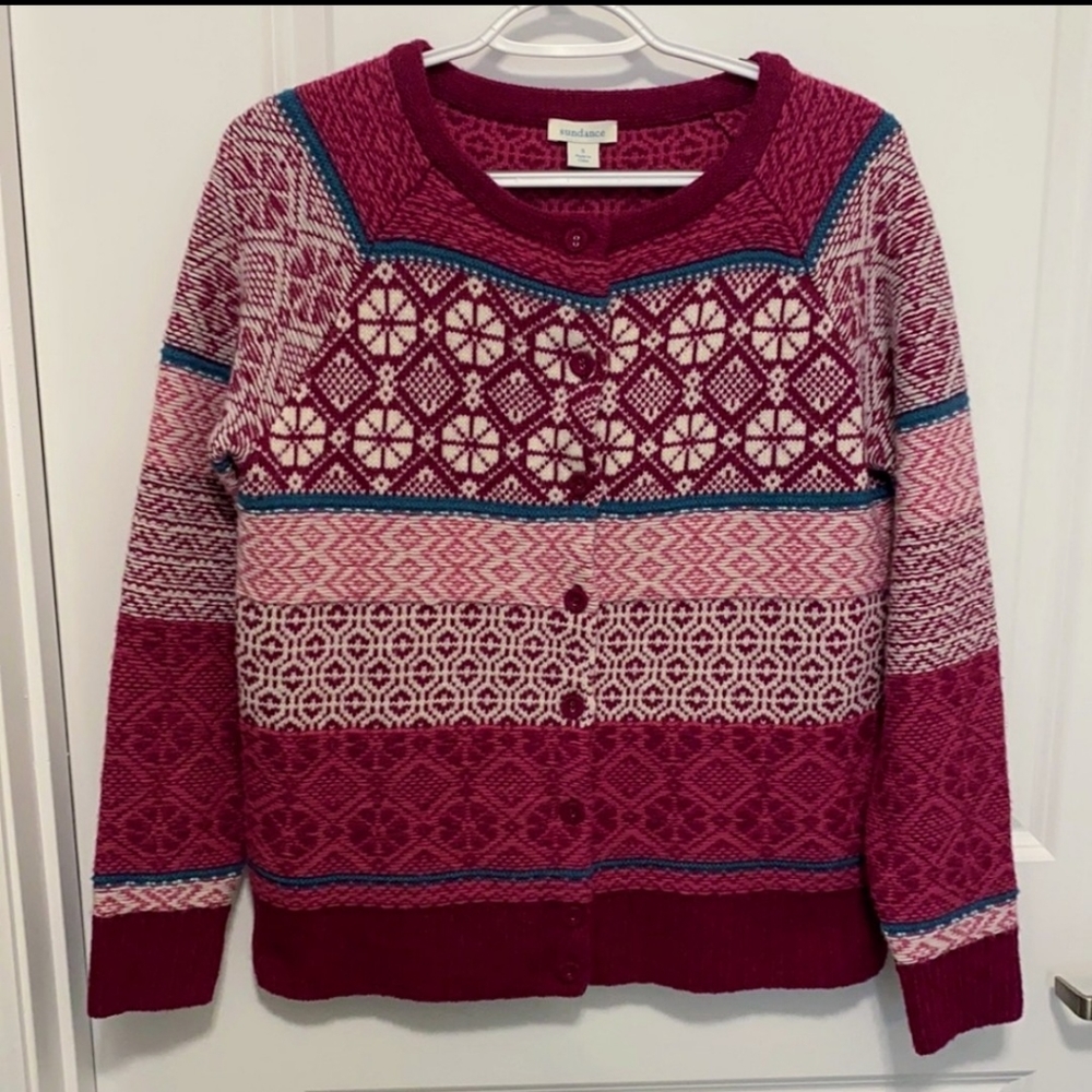Sundance Fair Isle Cardigan Sweater size S Pink Teal White Multi Wool blend